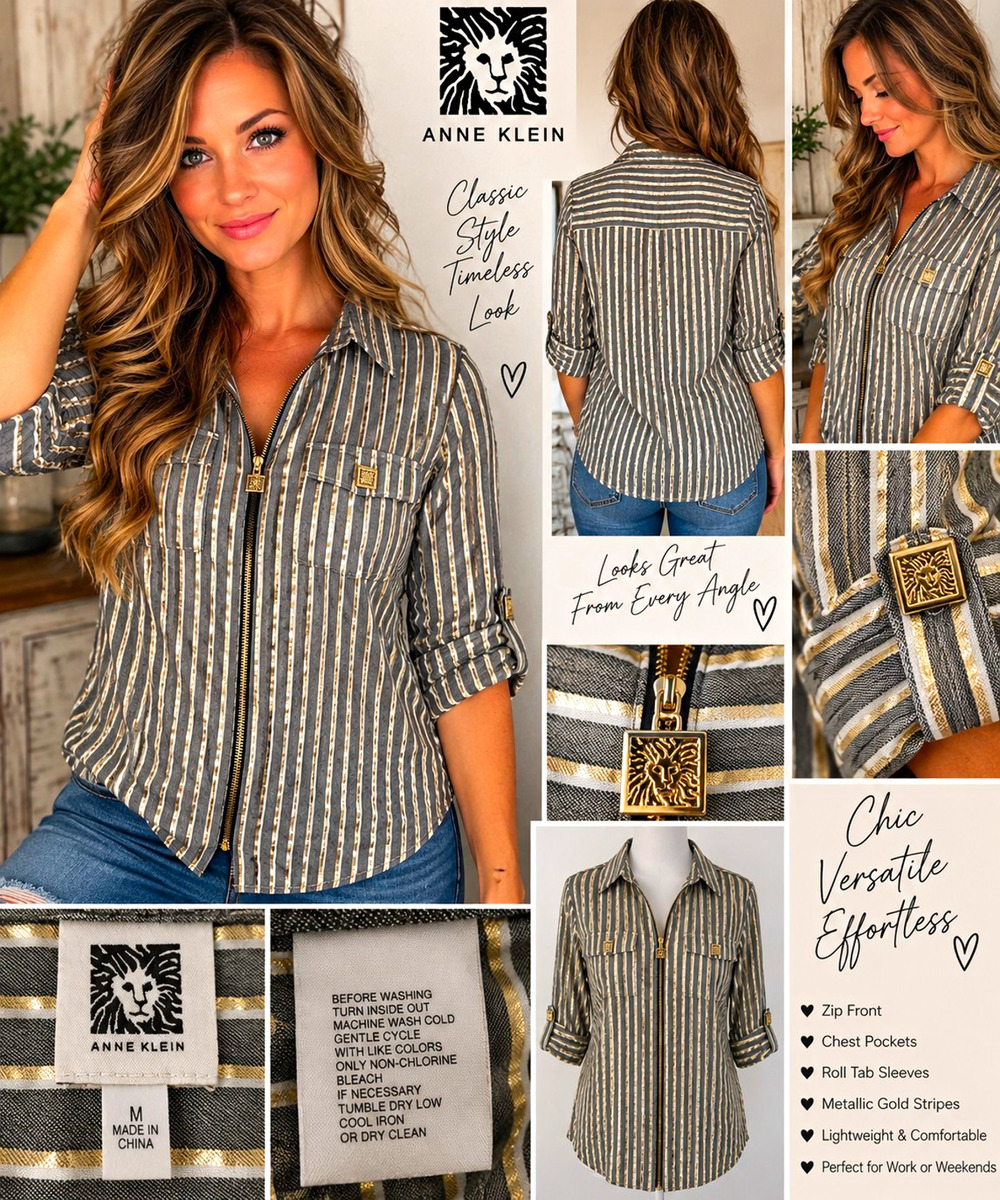 Anne Klein Women’s M Metallic Gold Gray Stripe Zip Front Blouse Roll Tab Sleeve